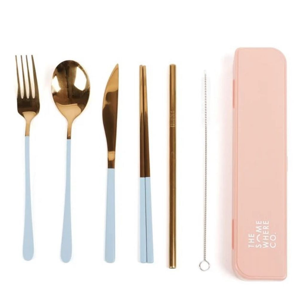 Take Away Cutlery Set Gold with Powder Blue